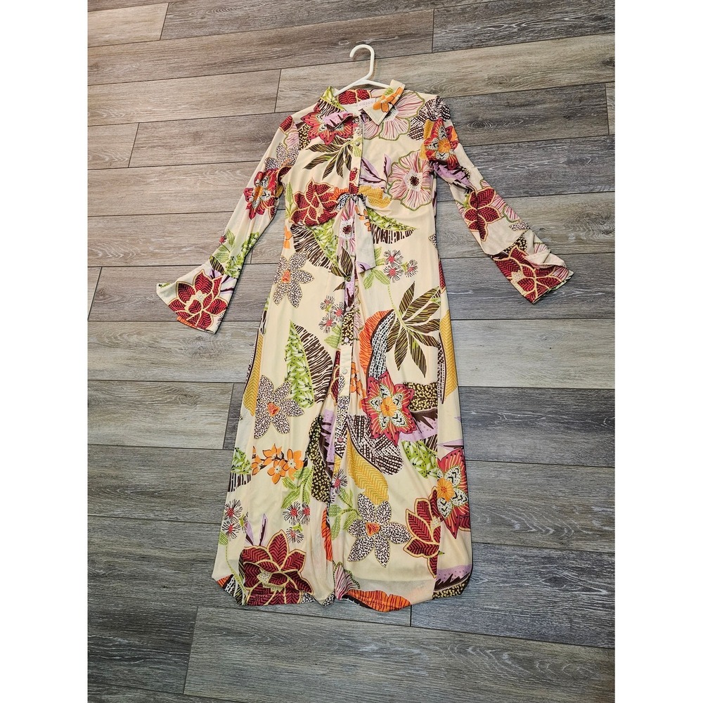Ciebon Floral Tie-Front Cream Maxi Dress with Multicolor Blooms Size Medium Boho